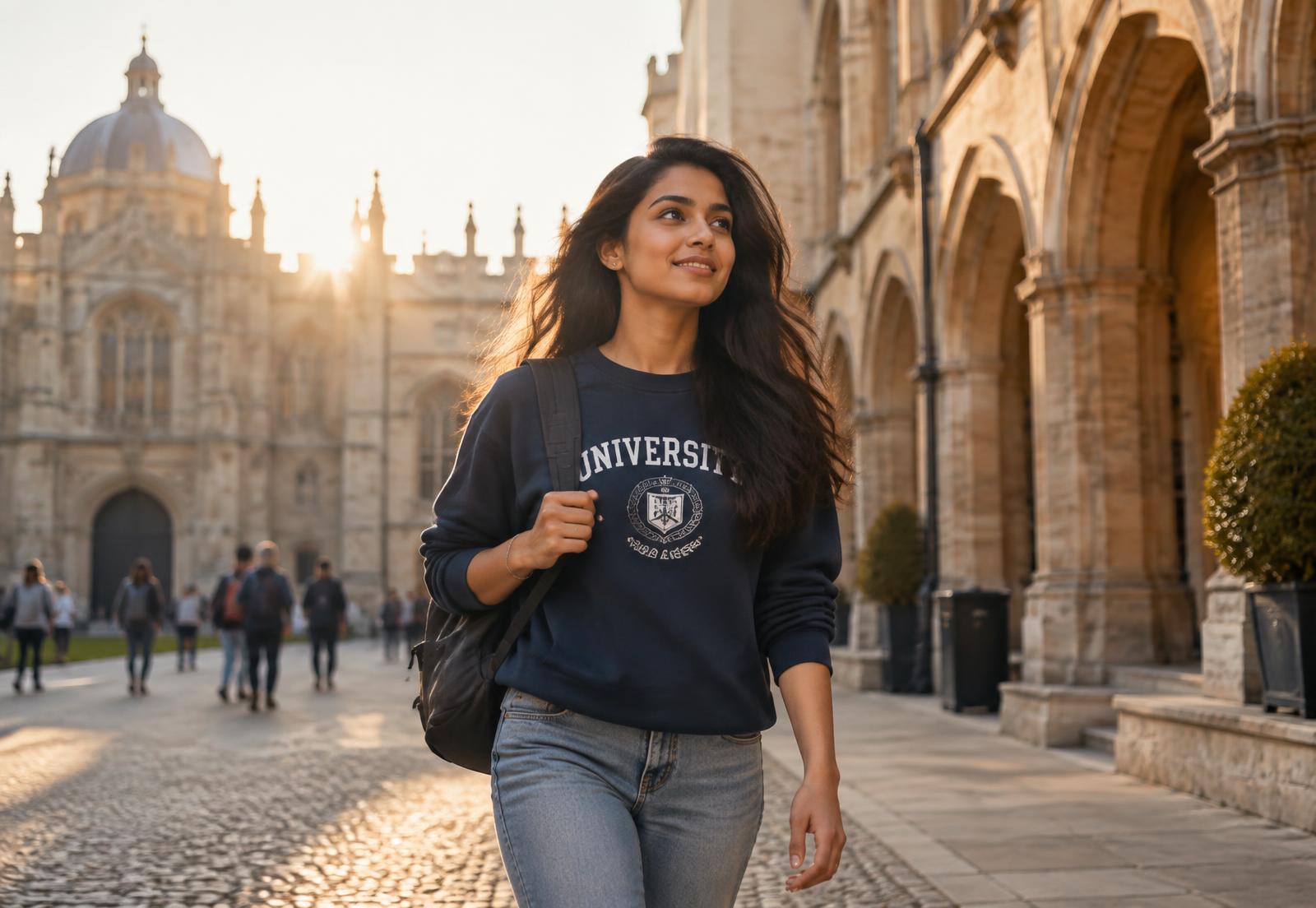 Indian student walking through a historic European university courtyard